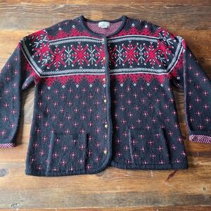KB Collections Womens Cardigan Sweater L Black Red Snowflake Fair‎ Isle Knit